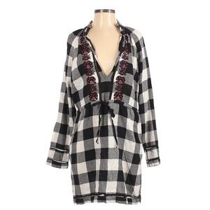 Christophe Sauvat Embroidered Plaid Tunic Dress S Black White Red Boho Check